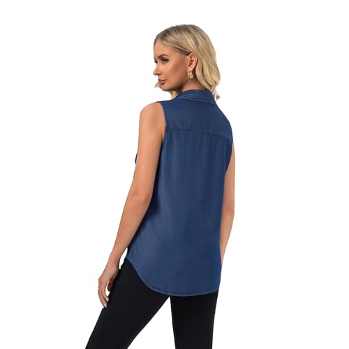FASHIONSPARK Jean Sleeveless Collared Shirts for Women, Button Down Casual Blouse Women Denim Tank Top with Pockets4