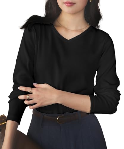 [神戸レタス] ロンT Tシャツ ティーシャツ カットソー レディース 長袖 リブTシャツ トップス オフィス [C3655] S new浅Vネック ブラックのサムネイル