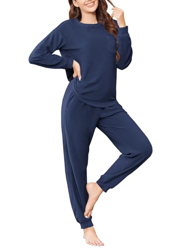 Ekouaer Womens Fuzzy Fleece Pajama Sets Long Sleeve Jogger Sets Comfy Sleepwear Loungewear with Pockets,Medium,Navy Blue,1