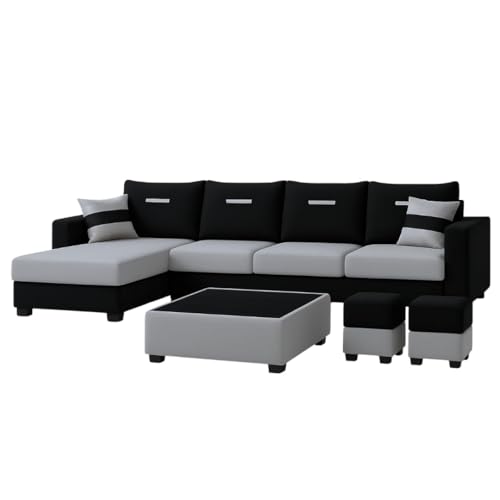 Image of CASASTYLE Driama 8 Seater Fabric LHS L Shape Sofa Set with 1 Centre Table & 2 Puffy (Light Grey-Black) | Velvet Finish | Comfortable Sectional Sofa for Living Room
