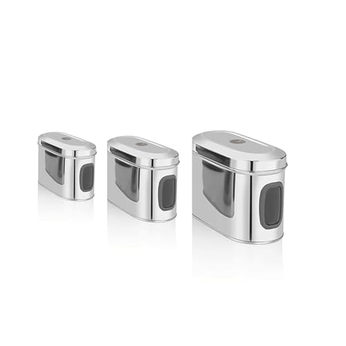 Image of Stainless Steel Capsule Food Canisters /Jars /Containers for Kitchen Storage with See Through Window - set of 3, 1350 /1850 /2350 ml capacity, Silver