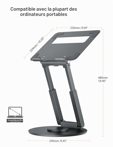 Tounee Support Ordinateur Portable, Support Laptop Réglable avec Base Rotative à 360°, Support Ergonomique pour Ordinateur Portable, s'adapte à Tous Les Ordinateurs Portables de 10 à 17", Gris – vue 4