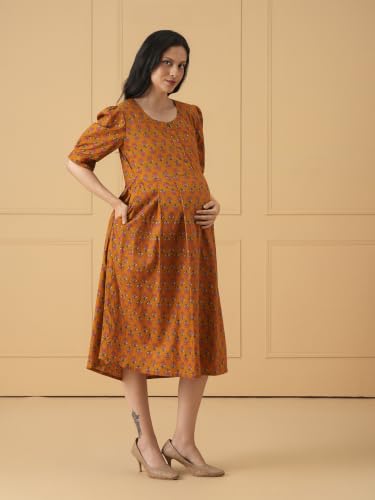 Image of The Mom Store Maternity and Nursing Dress | Pre and Post Pregnancy Dress for Womens | Zipper /Button Opening | Causal Wear | Trendy Stylish Causal Dresses for New Moms
