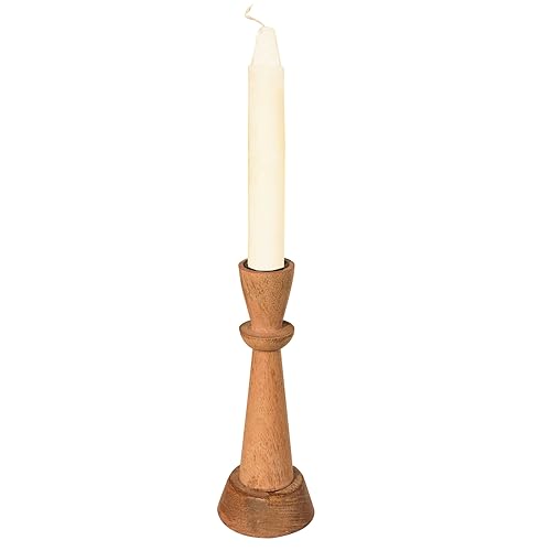 Image of Pure Source India Wooden Candle Holder for Taper Candles, Natural Mango Wood Vintage Style 18cm Tall Candle Stand for Fireplace Dining Table Centrepiece, Decorative Item for Home