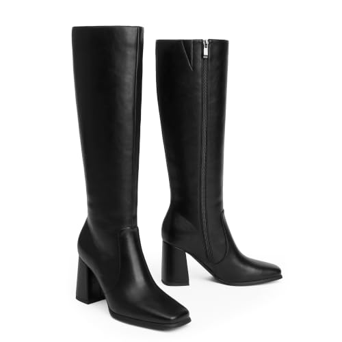 Image of Modatope Knee High Boots Women Square Toe Chunky Heel Fashion Tall Boots