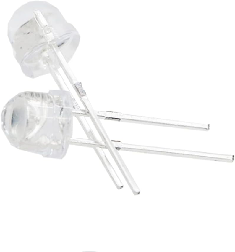 Close-up of two Vrabocry 5mm Red Straw Hat LED Diodes showing lead lengths