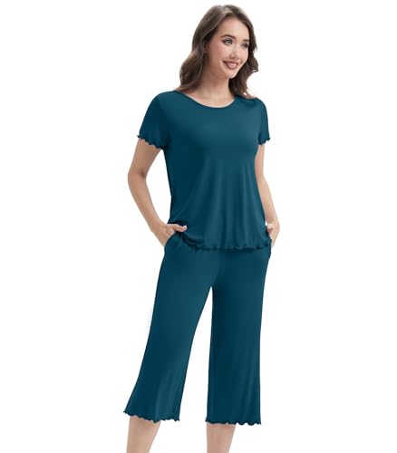 Image of WiWi 3 PCS Pajamas for Women Set Short Sleeve Pajama Sets Capri and Shorts Pj Sets Super Soft Cooling Sleepwear S-XXL
