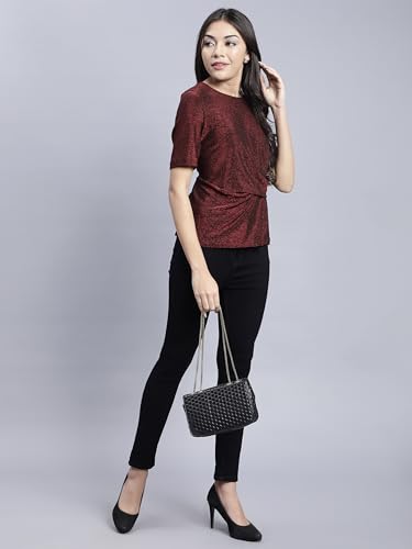 Image of SAFFE Women's Casual Party Top Textured Shimmer Half Sleeve Round Neck Body Fit Wine