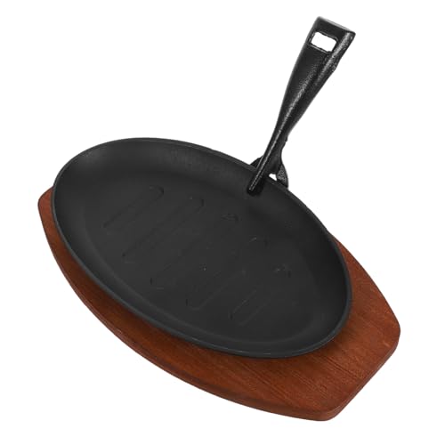 Amosfun Sartén de Hierro Fundido para Steak Bandeja de Madera Antiescaldadura Placa Parrilla Rayada para Cocina Profesional y Barbacoa Casa