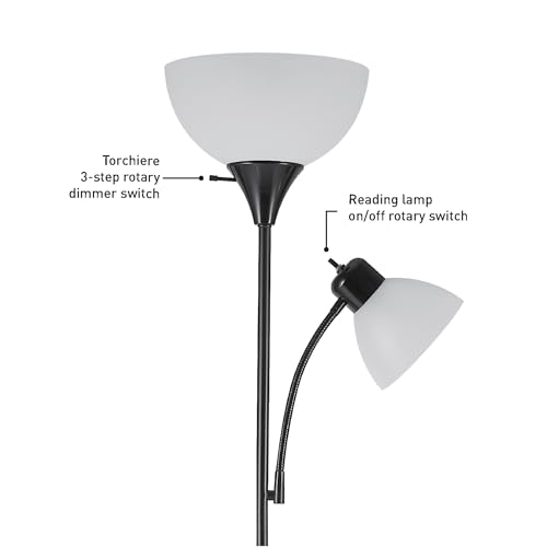 Globe Electric 67135 72 Torchiere Floor Lamp with Adjustable Reading Light - Matte Black with Frosted Shade, 3-Step Switch, Ideal for Living Room and Reading