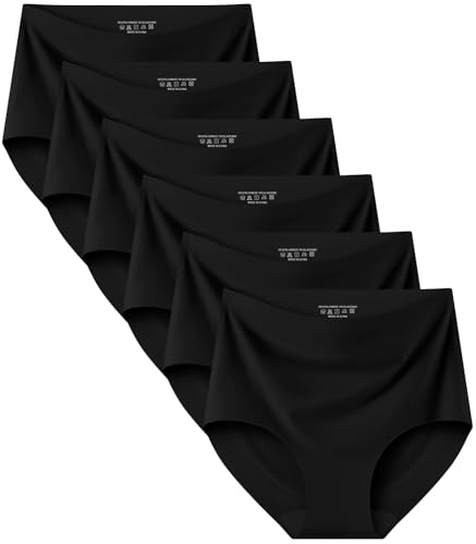 Kalapa Seamless Womens Underwear High Waisted No Show Briefs Silky Stretch Breathable Full Coverage Ladies Panties Multi Pack (US, Alpha, Large, Regular, Regular, Black (6 Pack))