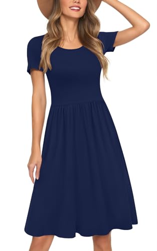 AYIFU Womens Short Sleeve Empire Waist Dresses Casual Summer Dress with Pockets (Navy Blue, M)