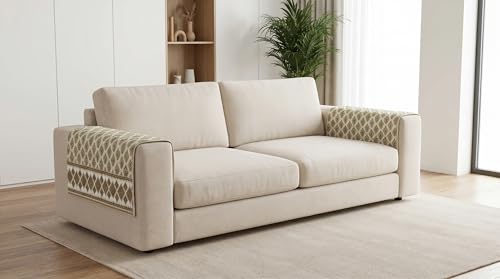Image of Luxury Sofa Arm Cover Set of 2 - Beige Diamond Jacquard Quilted Armrest Cover for L Shape, 3 Seater, 4 Seater Sofa, Washable, Anti-Slip, Beige Gold