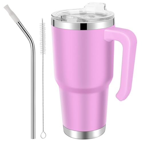 EQARD Taza con Asa Tapa y Pajita Vaso Termo Cafe para Llevar Taza Viajera Mug Térmica de Acero Inoxidable con Cepillos de Tubo para Café Frío o Caliente Todo sin BPA (Rosa, 30oz Tapa a Rosca)