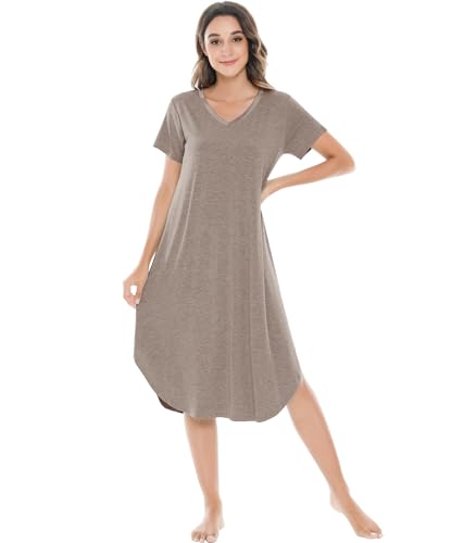 Image of NACHILA Nightgowns for Women-Viscose Made from Bamboo, V Neck Sleepshirts Short Sleeve Sleepwear Cool Nightshirt