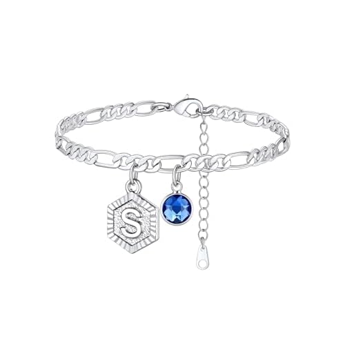 Custom4U Personalized Initial Ankle Bracelets for Women 14K Gold Plated Dainty CZ Birthstone Heart/Hexagon Letter Initial Anklets for Women Adjustable Silver/Gold Foot Chain Summer Beach Jew