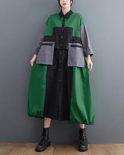 ellazhu Women's Shirt Dress Button Down Lapel Color Block Two Side Pockets Loose Oversize Fall GZ2463