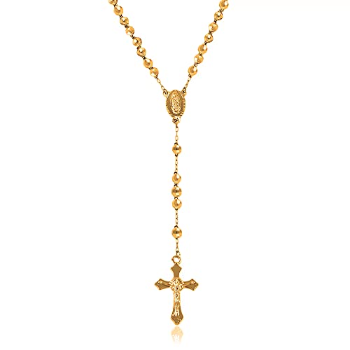 Savlano 14K Gold Plated Beaded Rosary Cross Necklace – 6.5MM Crucifix Cross Medallion Rosary Chain Y-Necklace for Women & Men Religious Jewelry Comes in Gold, Gold-Rose-Silver with a Gift Box
