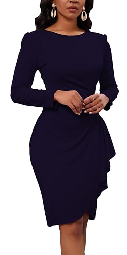 Women's Long Sleeve Bodycon Dress Crew Neck Ruched Wrap Wear to Work Church Midi Pencil Dress Elegant4