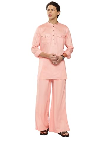 Image of See Designs Men's Long Sleeve Curved Hem Mandarin Collar Rayon Solid Pathani Sets