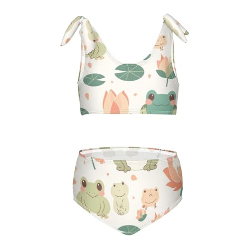 Cute Cartoon Frog Animal Sitting Flower Leaf Girl 2 Piece Kids Bikini Set Beach Bathing Suit Swimming Suits Adjustable
