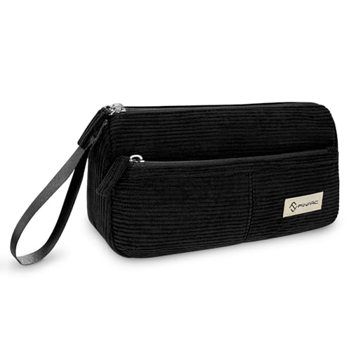 Image of FINPAC Pencil Case, Corduroy Triangle Makeup Bag, Kawaii Pen Bag Pouch Holder Box Organize for Study, Office, or Travel, Black