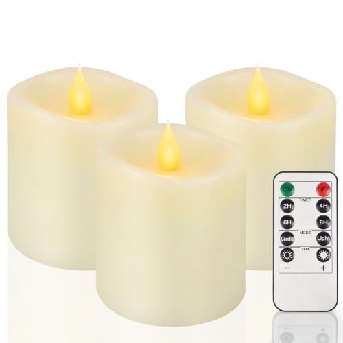 Image of 3x3 Flickering Flameless Candles Set of 3,3 inch Real Wax LED 600 Hours Battery Candles with Timer Remote,Control for Wedding Party Indoor,Ivory