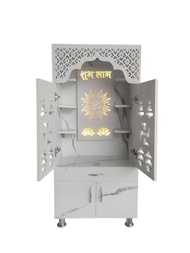 Image of Home Temple Pooja Mandir with LED Light, White Engineered Wood, Traditional Indian Style, 51x24x13 Inch, Om Symbol Design