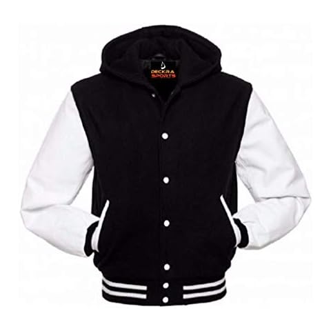 Mens Varsity Jacket Hoodie Cowhide Leather Arms and Wool Letterman College Top Coat (Black, X-Large) Cover