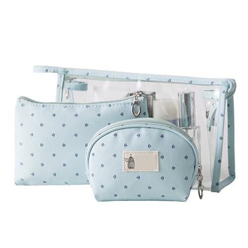 Borsa per il Trucco da 3 Pezzi per Organizer da Toilette Cosmetica da Viaggio in PVC Trasparente Multifunzione Portatile per Donne e RagazzeBlu