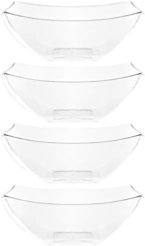 PLASTICPRO Disposable Square Serving Bowls, Party Snack or Salad Bowl, Plastic Clear or White Pack of 4 (16 OUNCE, Clear)