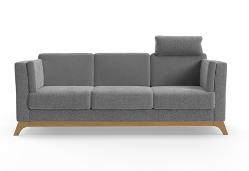 Cavadore 3er-Sofa Vida / 3-Sitzer Couch im trendigen Design mit massivem Holzrahmen in Eiche, Kopfstütze mit Kuschelkissen / 213 x 84 x 93 / Chenille, Grau – Bild 7