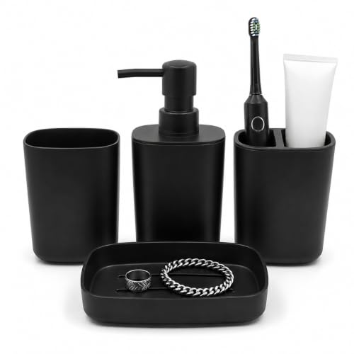 LGURT Matte Black Bath Accessories Set 4-Pc Dispenser Holder & Cup