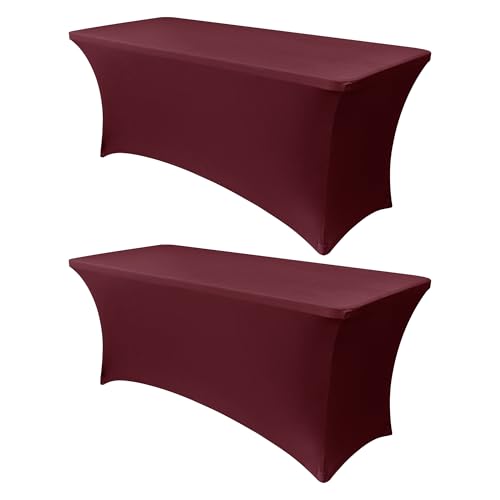 Image of Obstal 8Ft Stretch Spandex Table Cover for Standard Folding Tables - 2 Pack Universal Rectangular Fitted Tablecloth for Party, Banquet, Events, Trade Show (Wine Red, 96L x 30W x 30H Inches)