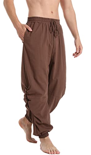 PACEIADTA Mens Cotton Linen Drawstring Pants Elastic Waist Casual Jogger Yoga Pant (40, Brown)2