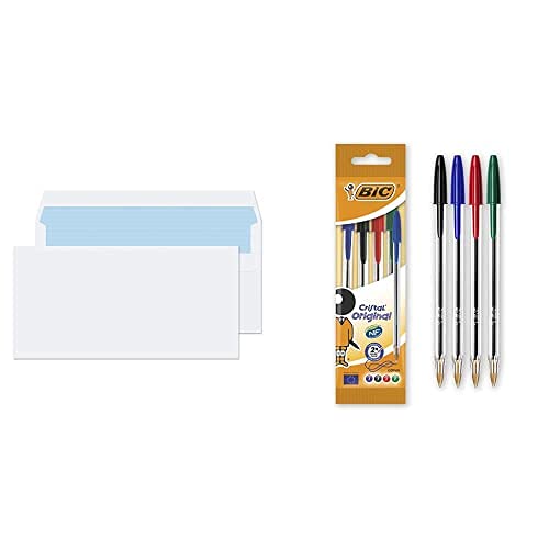 BlakePurely Everyday DL 110 x 220 mm 90 gsm Self Seal Wallet Envelopes (13882/100 PR) White - Pack of 100 with BIC Cristal Original Ballpoint Pens - Assorted Colours - Pack of 4 - Medium Point