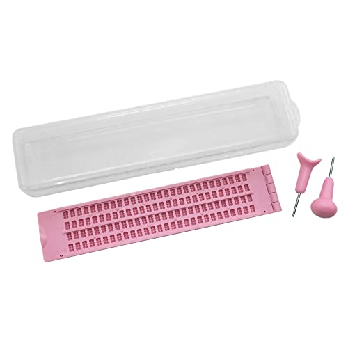 Pizarra de escritura Braille - 4 líneas y 28 celdas, con 2 punzon y caja de plástico,Color rosa