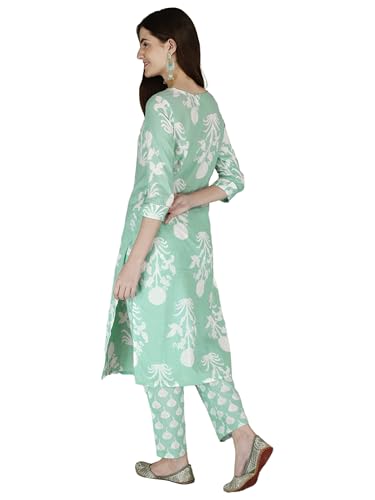 Women's Cotton Printed Kurta Set - Elegant Green Floral Print with 3/4th Sleeves, Festive Wear.4