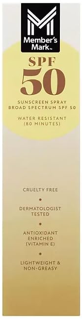 Close-up of Member's Mark SPF 50 Sunscreen Spray can details