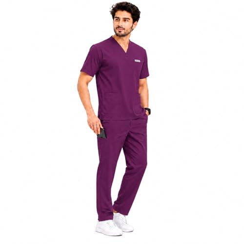 Image of Unisex Medical Scrub Suit Set, V-Neck Top with Pants, Short Sleeve, Polyester Cotton Blend, 7 Pockets, Regular Fit, Hospital Doctor Nurse Uniform