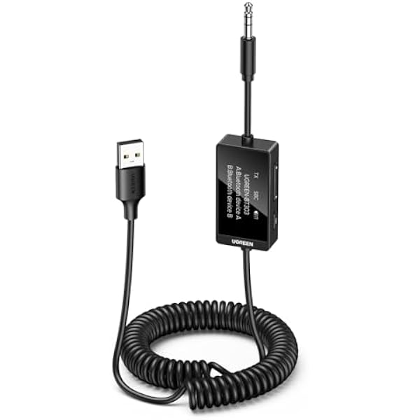 UGREEN Aux Bluetooth Adapter do samochodu 2w1 Jack Bluetooth Adapter z wyświetlaczem LED Odbiornik nadajnika Bluetooth do 2słuchawek, stereo, TV Odbiornik nadajnika Bluetooth do telefonu komórkowego