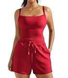 OMKAGI Women 2 Piece Outfits Sleeveless Tank Top Sweat Shorts Set with Pockets Vacation Sets(M,316-Red)