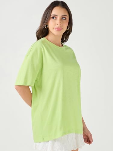 Image of Bewakoof Women's Cotton Blend Solid Oversized Fit Half Sleeve Round Neck T-Shirt | Bewakoof Air 1.0 | Casual wear | Streetwear | Oversized Tshirt for Woman Cotton| Baggy