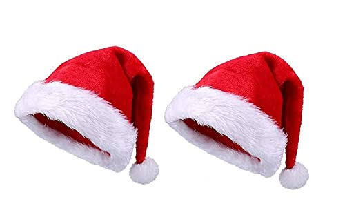 Image of Christmas Hats Pack of 2, Santa Claus Cotton Fur Caps Free Size, Soft Xmas Cap for Kids and Adults, Festive, Reusable Holiday Costume Accessory
