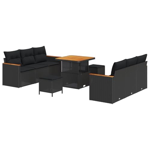 Homgoday Juego de 9 sofás de jardín con cojín negro de polirratán de acacia, 3 piezas, con cojín, polirratán, acacia, exterior y sillón, modelo 3364944