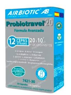 PROBIOTRAVEL20, Suplemento Alimenticio, 12 Cepas, 20x10⁷ Microorganismos, 30 Cápsulas