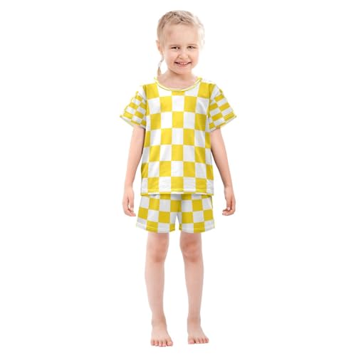 senya Short Sleeve Pajamas Sets Summer Cotton Sleepwear Yellow and White Checkered3