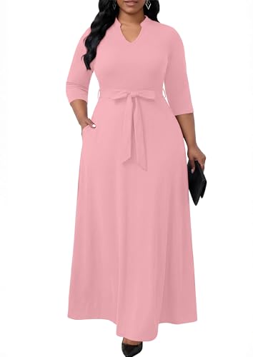 Image of FANDEE Maxi Dress for Women, Casual V Neck 3 /4 Sleeve Long Dresses with Pockets