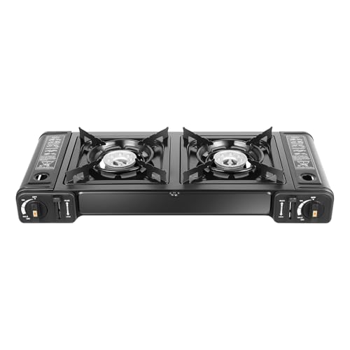 CCAUUB Black Portable 2 Burner Butane Stove with Grill Tray, 2 x 1.15 KW, 166 g/h Double Burner for Patio, Camping, BBQ, Home Brewing, Tailgating, Hiking, Maple Syrup Prep