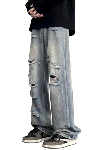 DAVID.ANN Ripped Distressed Destroyed Jeans,Straight Leg Denim Pants2